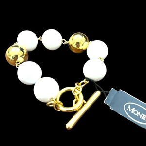 Vintage MONET White Gold Tone Toggle Beaded Link Bracelet Signed Elegant Estate